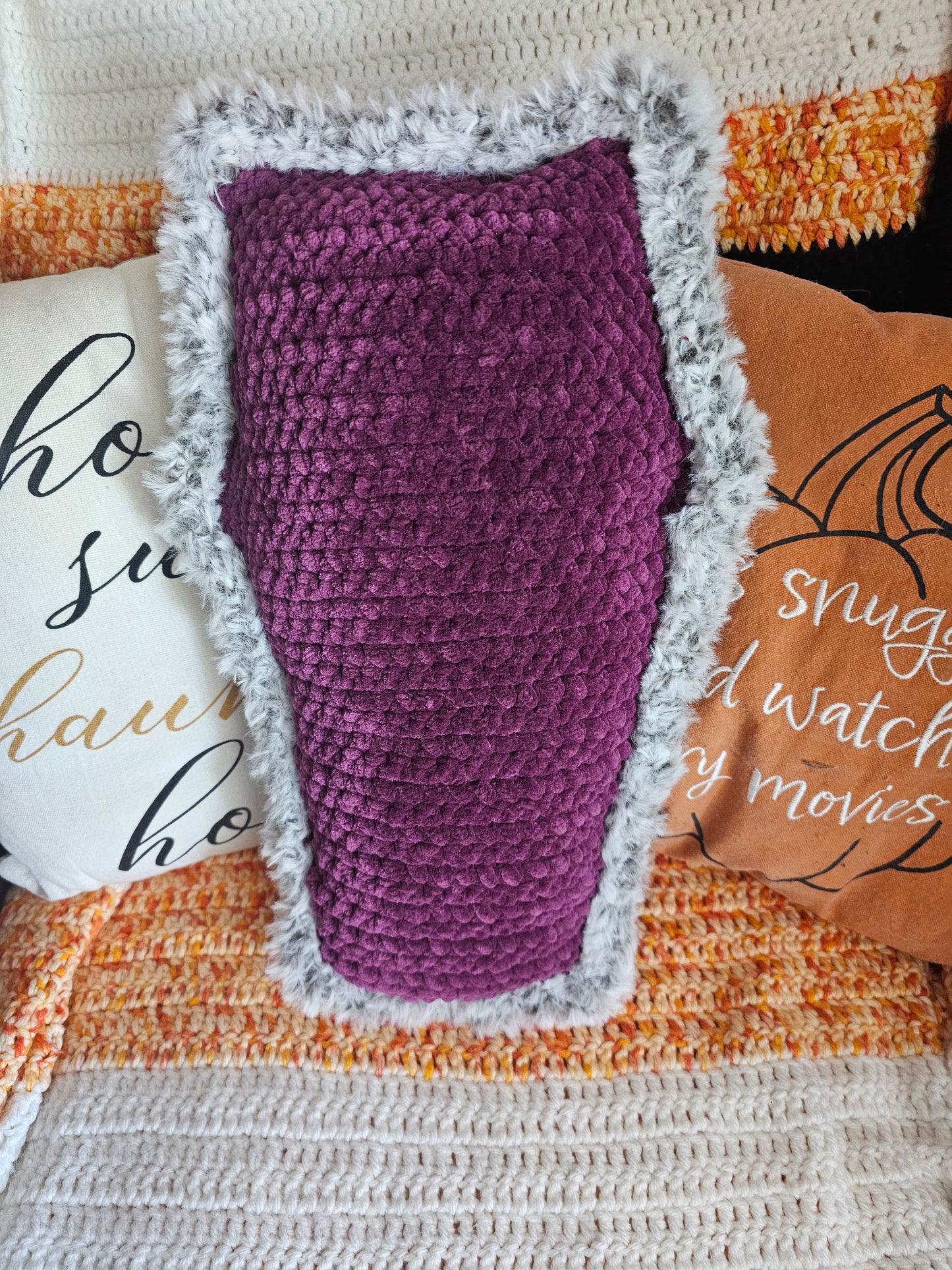 Gray Faux Fur and Purple Cuddle Coffin