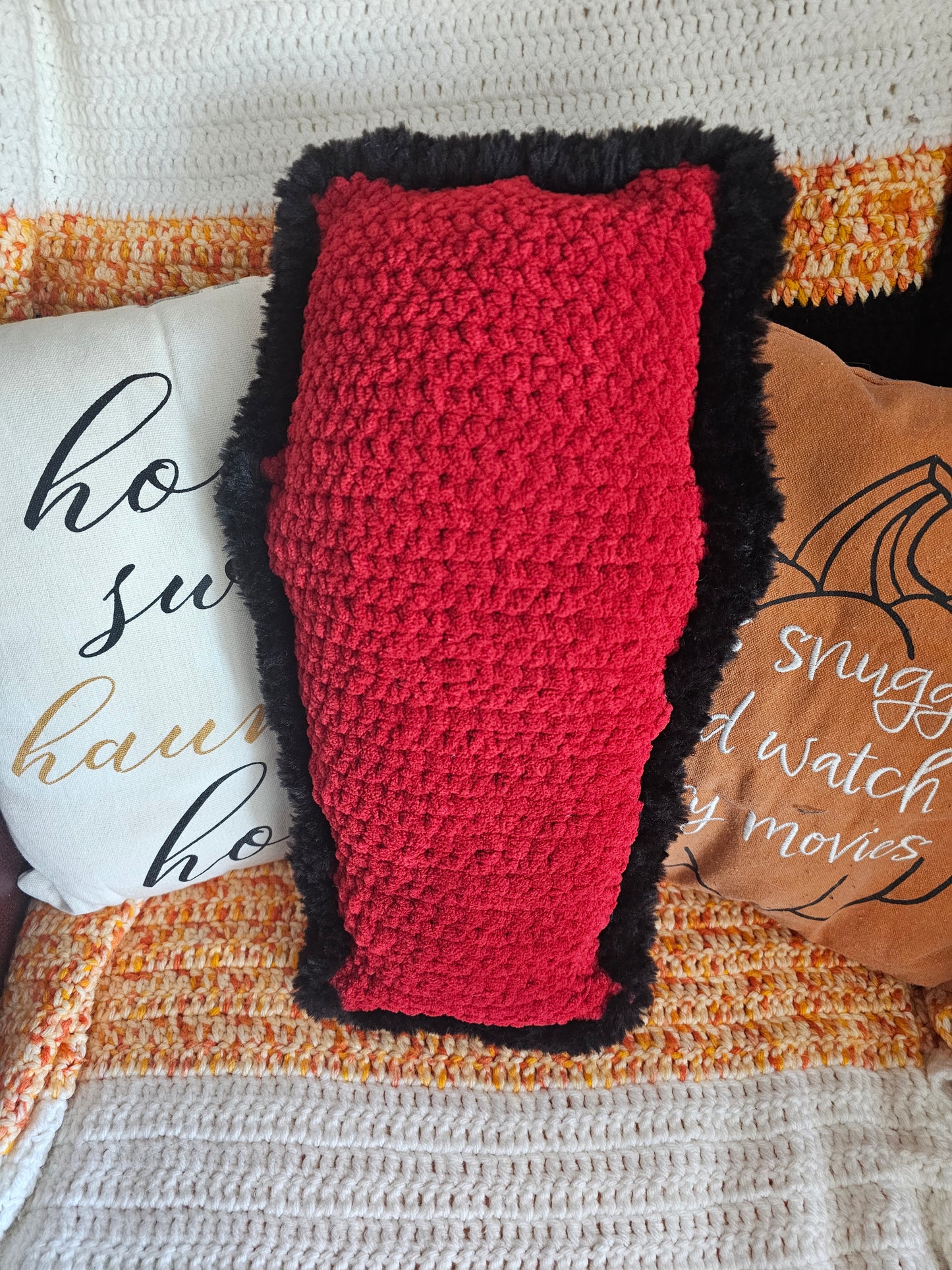 Black Faux Fur and Red Cuddle Coffin